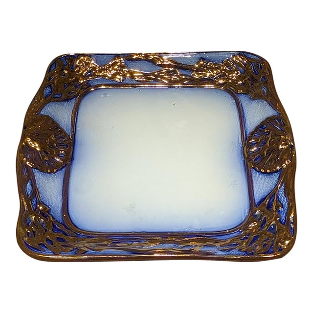 1880s Antique Victorian Staffordshire Flow Blue & Copper Luster Shell/Seaweed Square Plate For Sale