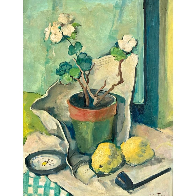 Compelling American School oil on board still life in its original frame. The vivid colors of the subject matter contrast...