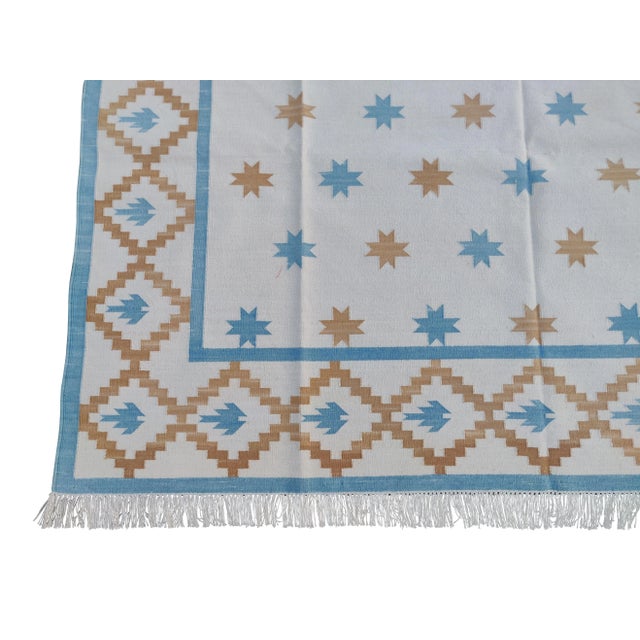 Handmade Cotton Vegetable Dyed White, Sky Blue and Tan Star and Gingham Rug - 8'x10' For Sale - Image 10 of 10