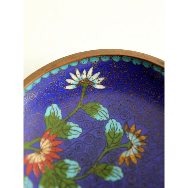 Blue Vintage Chinese Cloisonné Enamel Floral Dish For Sale - Image 8 of 10