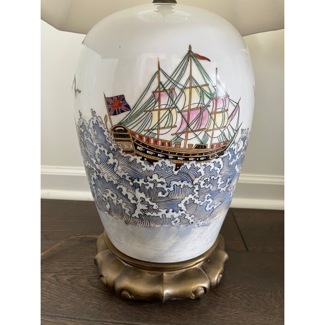 English Rare Vintage Maitland-Smith Hong Kong Porcelain Nautical Lamps With Original Shades – 30” - a Pair For Sale - Image 3 of 10