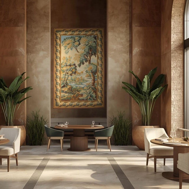 This tapestry is inspired from a fine example of a classical Verdure Tapestry, such as those woven in the traditional...