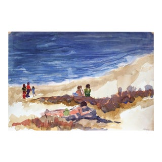 1970s "Figures Relaxing at the Beach" Landscape Watercolor Painting by Doris Warner For Sale