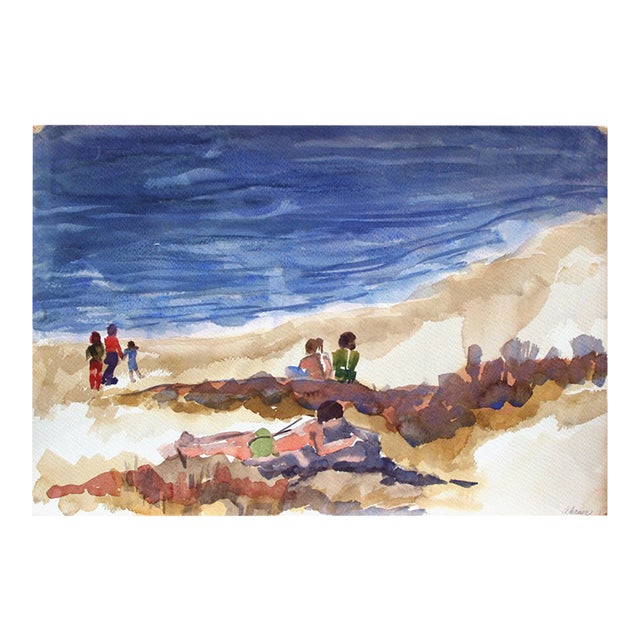 1970s "Figures Relaxing at the Beach" Landscape Watercolor Painting by Doris Warner For Sale