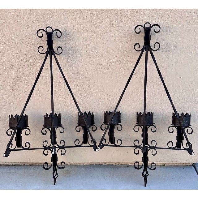 Spanish Revival Early 20th Century Hand Forged Wrought Iron Medieval Large Candelabra Spanish Revival Sconce Set For Sale - Image 3 of 9
