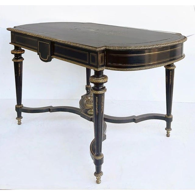 Wood Mid 19th Century French Napoleon III Ebonized "Boulle" Bronze Inlay Desk With Drawer For Sale - Image 7 of 8