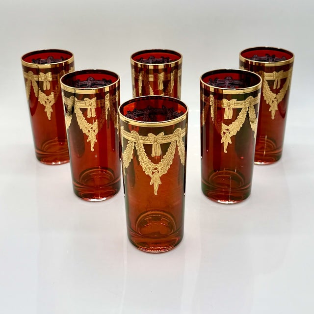 Italian Red Highball Glasses with 24k Gold Garlands from Interglass, 1980s, Set of 6 For Sale - Image 14 of 14
