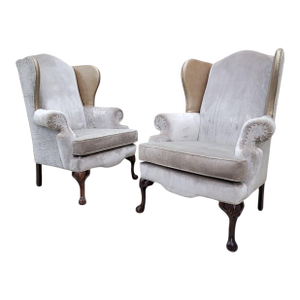 Mid 20th Century Vintage Queen Anne Style Wingback Lounge Chairs in Velvet, & Chenille and Leather- Pair