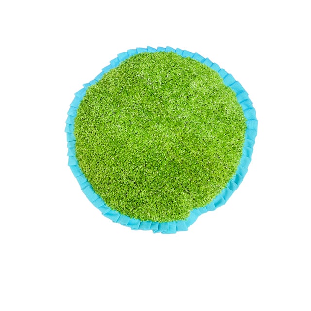 Green Custom Handcrafted Artificial Turf Lumbar Pillow With Turquoise Ruffle - Small Round For Sale - Image 8 of 8