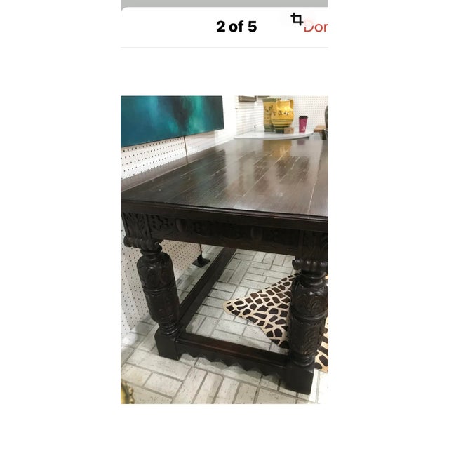 Antique English Oak Refectory Table. Heavily carved! Original finish and wear moderate with age. Structurally sound!