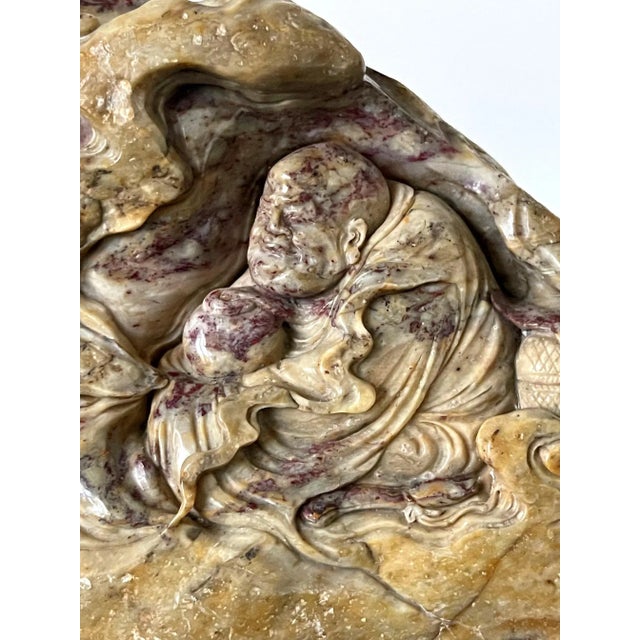 Chinese Chinese Chicken Blood Stone Carving of Bodhidharma on Wood Stand For Sale - Image 3 of 13