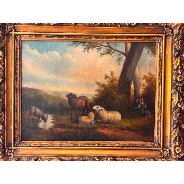 Unknonw, Pastoral Sheep Landscape, 1800s, Oil on Canvas, Framed For Sale - Image 4 of 11