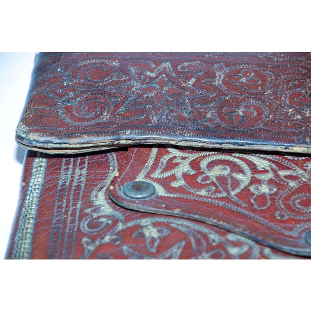 Early 20th Century Antique Hand Tooled Leather Moroccan Bag Wall Decor For Sale - Image 5 of 16