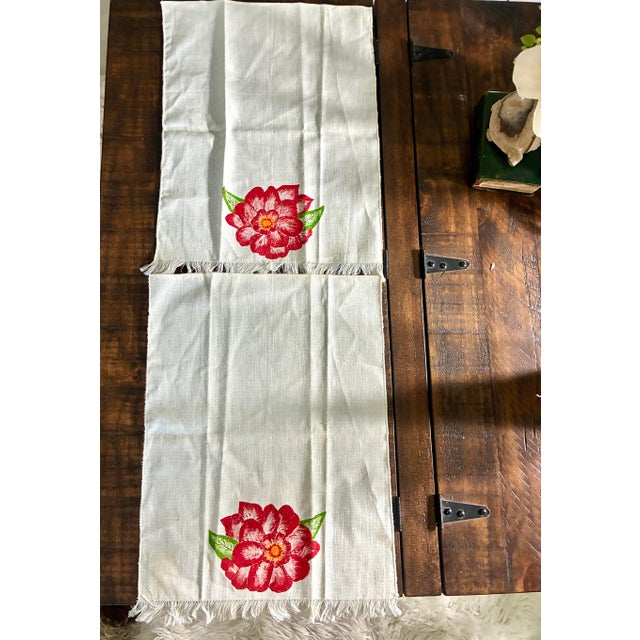 1960s Vintage Mid Century Hand Painted Linen Tea Towels (Or Hand Kitchens Towels) Red Floral design.fringe Ivory Set of 2 /13” X 17” For Sale - Image 5 of 7