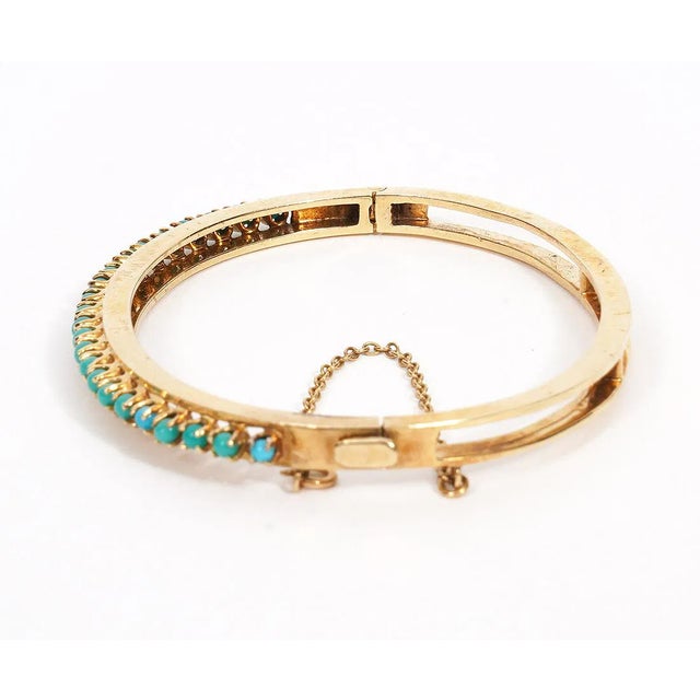 Art Deco 1950s 14k Turquoise Bangle Bracelet Yellow Gold Bead Vintage Opens Hinged For Sale - Image 3 of 11