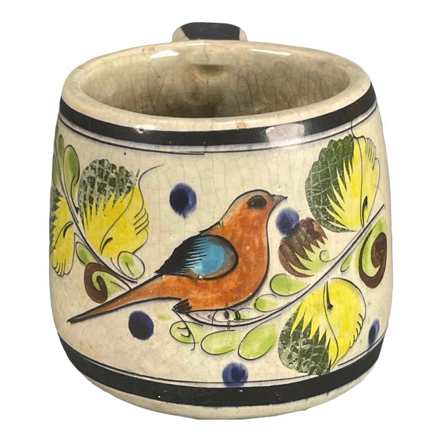 Vintage 70s Mexican Hand Painted Pottery Coffee Tea Mug With Birds Signed Cat Tonala For Sale