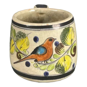 Vintage 70s Mexican Hand Painted Pottery Coffee Tea Mug With Birds Signed Cat Tonala