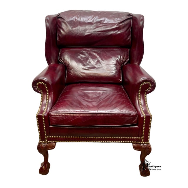 Vintage Hancock & Moore Chippendale Style Oxblood Leather Wingback