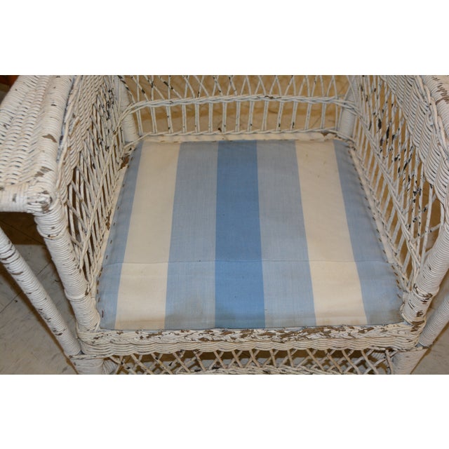 White Vintage White Wicker Wing Back Arm Chair W/ Blue Cushions & Coil Sprung Seat For Sale - Image 8 of 18