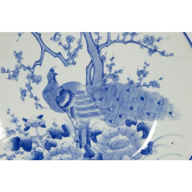 Japanese Japanese Blue and White Hand-Painted Porcelain Charger Plate with Peacock Bird For Sale - Image 3 of 13