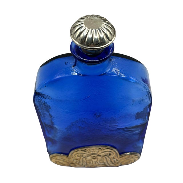 Blue Vintage Cobalt Blue Spanish Art Glass Flask With Ornate Embossed Scrollwork Medallion For Sale - Image 8 of 12
