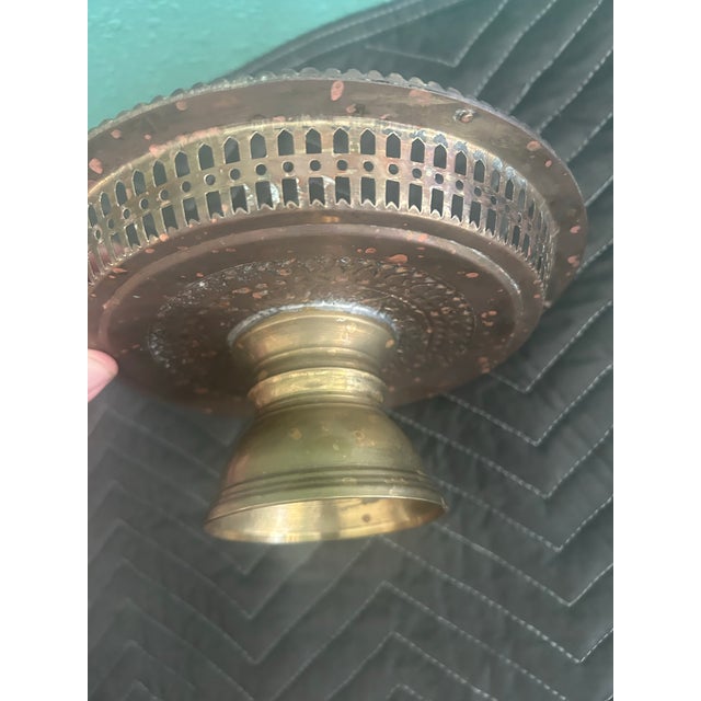 Mid 20th Century Vintage Thai Brass Pedestal Offering Tray With Embossed Deity Motif For Sale - Image 5 of 6