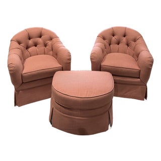 Set of Kravet Tufted Swivel Club Chairs With Matching Ottoman For Sale