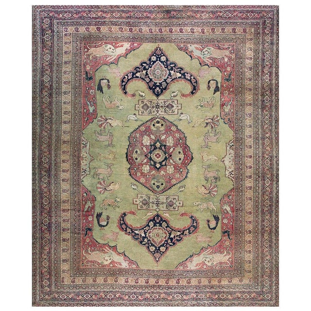 Textile 1880s Green Pistacho Animal Scene Antique n.e. Persian Khorassan Moud Rug 9'9" X 12'2" Handknotted Wool Carpet For Sale - Image 7 of 9