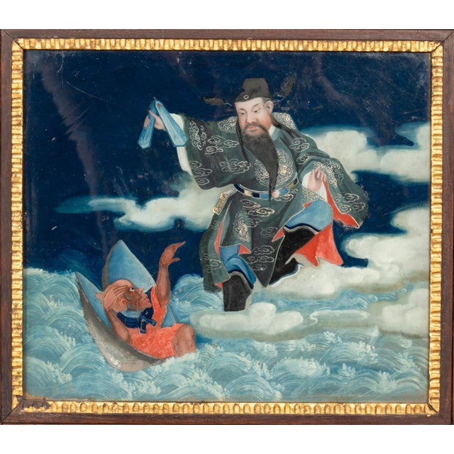 Blue Chinese Reverse Paintings on Glass - a Pair For Sale - Image 8 of 12