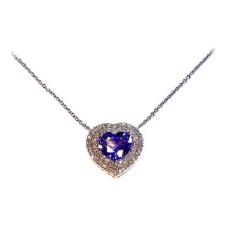 Natural Heart Sapphire Diamond Pendant 18" 14k W Gold 4.13 TCW Certified For Sale