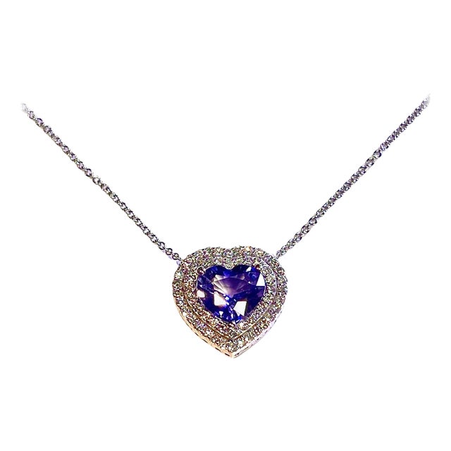 Natural Heart Sapphire Diamond Pendant 18" 14k W Gold 4.13 TCW Certified For Sale