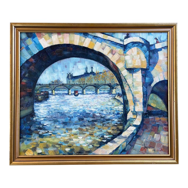 Vintage 1975 Paris School Impressionist Oil Painting of the Seine, Signed For Sale