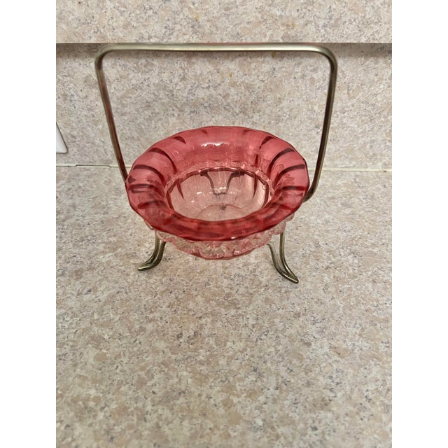 Metal Antique Cranberry Art Glass Bowl With Silver Plated Basket For Sale - Image 7 of 7