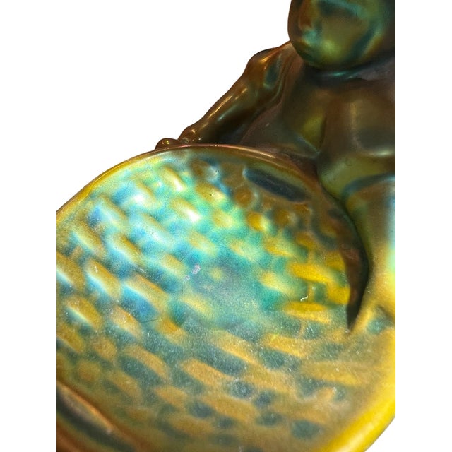 Vintage Zsolnay Hand Crafted Pottery Small Children Sitting & Holding Basket, Eosin Iridescent Green Glaze For Sale - Image 11 of 11