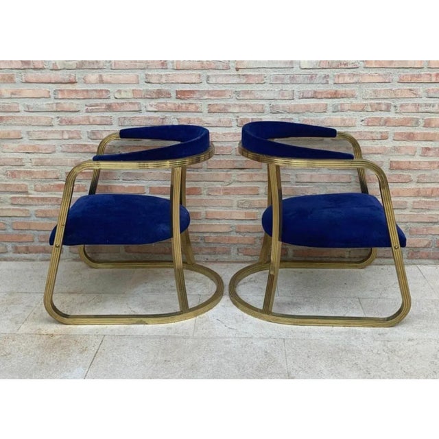Set of Mid-Century French Gold Brass Armchairs with Blue Velvet Upholstery, 1940s For Sale - Image 10 of 12