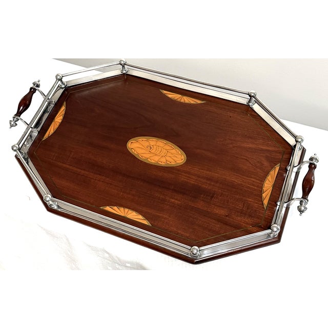English Antique English Silver and Mahogany Gallery Tray For Sale - Image 3 of 18