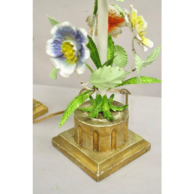 Wood Vintage Italian Hollywood Regecy Painted Flower Iron Toleware Boudoir Lamps Pair For Sale - Image 7 of 12