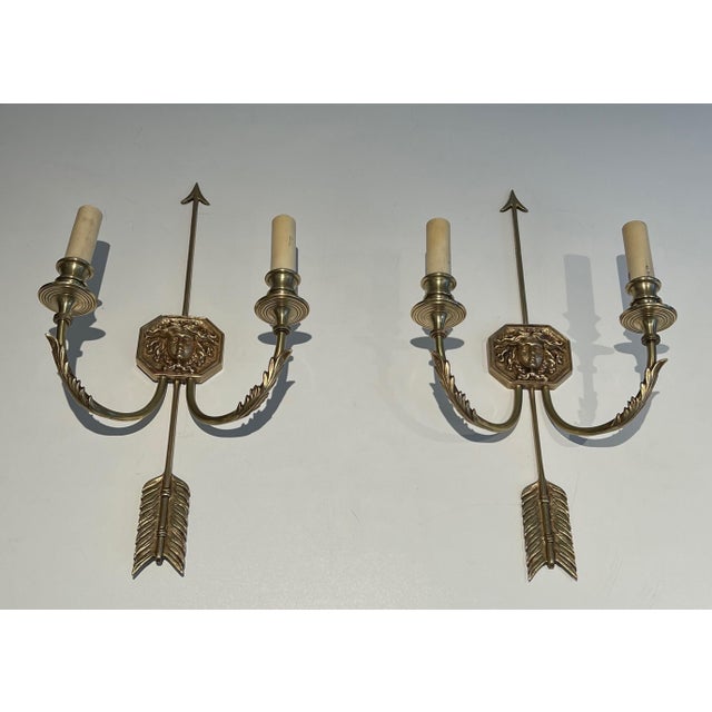 1950s bronze wall sconces with Arrows and Effigy of the Sun King by Louis Gau - a Pair For Sale - Image 11 of 12