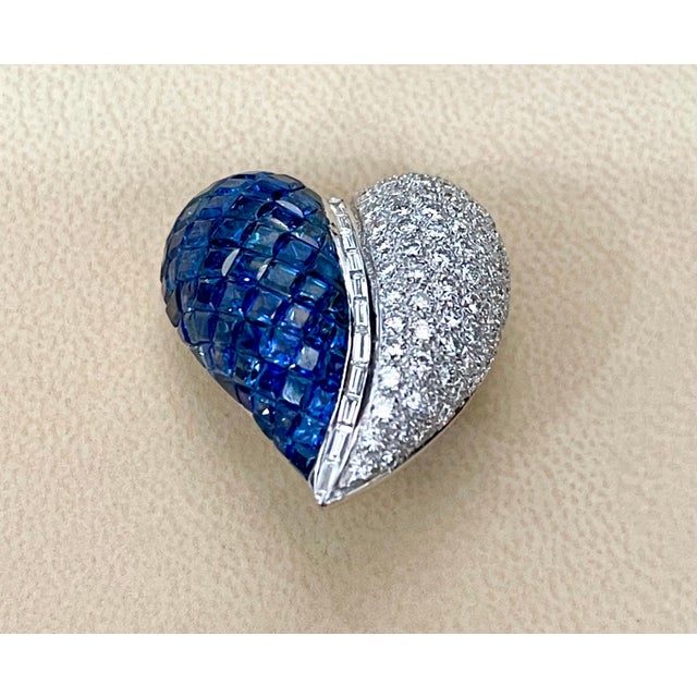 Invisible or Mystery set blue Princess cut Sapphire And Diamond Cocktail Stud Earring in 18 K White Gold In Heart shape ....