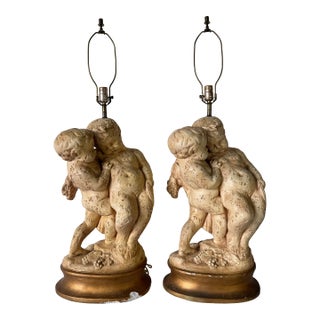 Pair of Vintage French Cherub – Baroque Revival Putti Sculptures on Gilt Bases Table Lamps For Sale