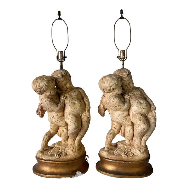 Vintage French Cherub – Baroque Revival Putti Sculptures on Gilt Bases Table Lamps - a Pair For Sale