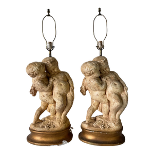 Vintage French Cherub – Baroque Revival Putti Sculptures on Gilt Bases Table Lamps - a Pair