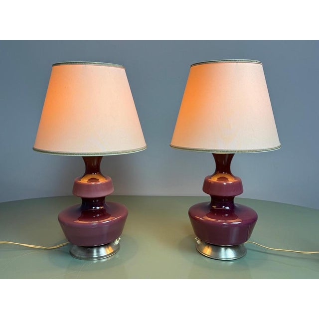 Mid-Century Belgian Purple Opaline Glass Table Lamp with Vintage Cream Lampshade from De Rupel, Belgium, 1960s For Sale - Image 6 of 12