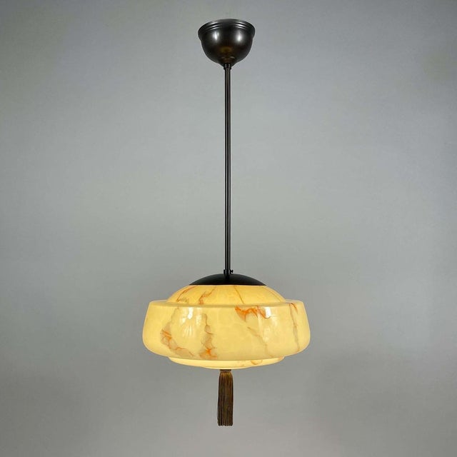 Art Deco Cream Marbled Opaline and Burnished Metal Tassel Pendant Light, 1930 For Sale - Image 6 of 18