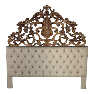 Ornate Carved Wood and Upholstered Headboard