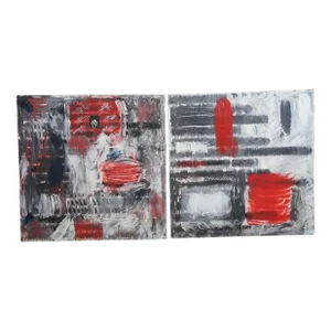 Late 20th Century 2 Abstract Modern Art Red & Gray Oil Paintings on Board Wall Decor Pair 23"