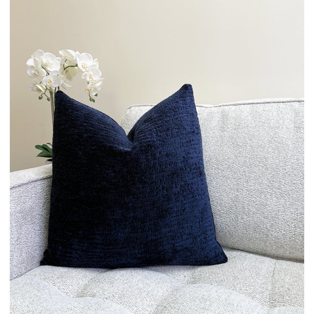 Modern Navy Chenille 20x20 Throw Pillow With Feather Down Insert For Sale - Image 3 of 5