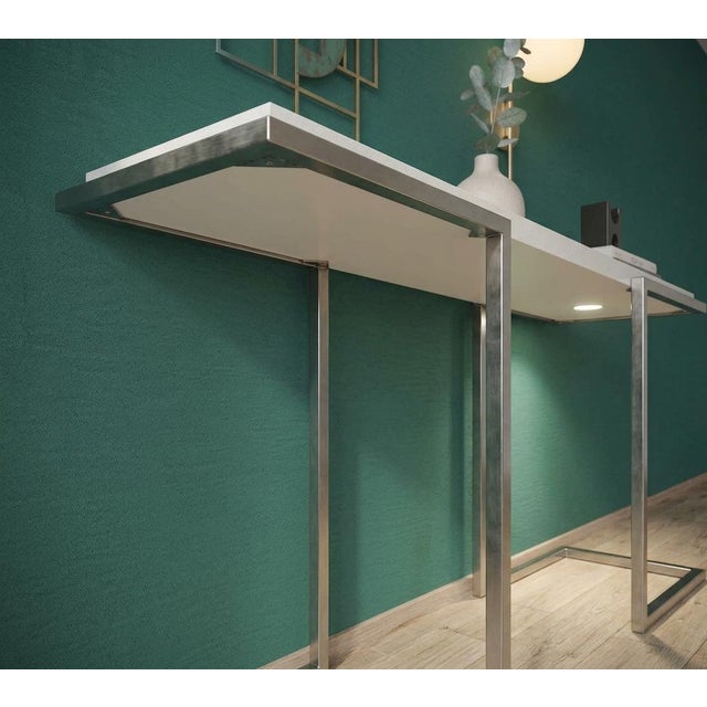 Ivory Satin-Finish Steel Console Table with Glossy Cream-White Shelf by Guy Lefèvre for Maison Jansen, 1980s For Sale - Image 8 of 10