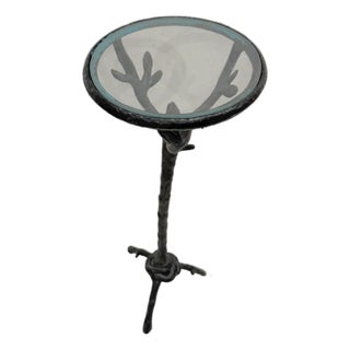 Organic Modern Sculptural Cast Iron Faux Bois Pedestal Side Table With Glass Top, Giacometti Sty For Sale