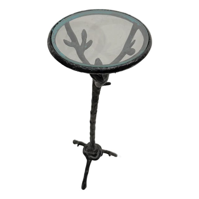 Organic Modern Sculptural Cast Iron Faux Bois Pedestal Side Table With Glass Top, Giacometti Sty For Sale